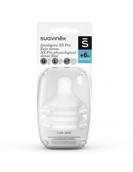 SUAVINEX TETINA SILICONA FISIOLOGICA FLUJO DENSO SX PRO + 6 MESES 2 UNIDADES
