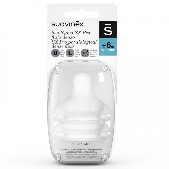 SUAVINEX TETINA SILICONA FISIOLOGICA FLUJO DENSO SX PRO + 6 MESES 2 UNIDADES