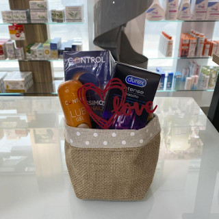 Cesta de San Valentín Preservativos, Lubricante y Estimulador de Clítoris.