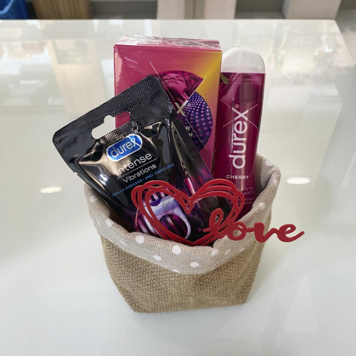 Cesta de San Valentín Preservativos, Lubricante y Anillo Vibrador