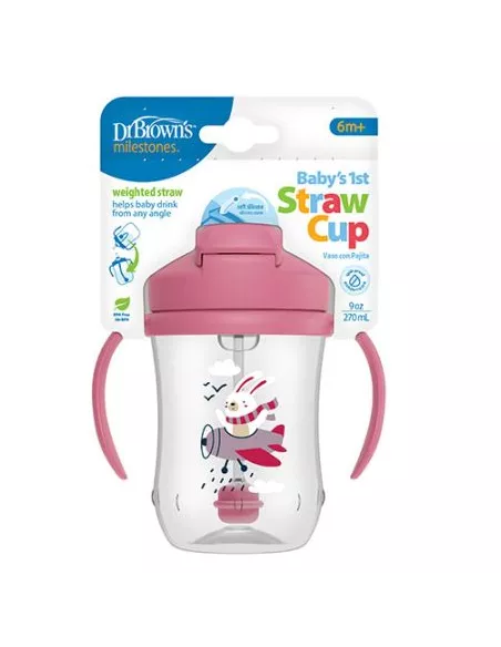 Dr Brown`s Straw Cup Vaso Con Pajita  Azuly Rosa 270 Ml Niños Mayores De18 Meses, Sin Derrames