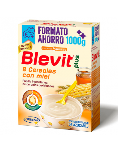 Blevit Plus 1000G Formato Ahorro 8 Cereales Con Miel Con Efecto Bifidus, 5 Meses +, Calcio,Hierro,VI