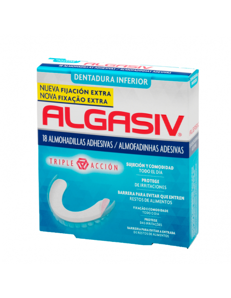ALGASIV DENTADURA INFERIOR 18 ALMOHADILLAS ADHESIVAS, FIJAN LA DENTADURA, PROTEGEN LAS ENCIAS