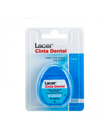 LACER CINTA DENTAL SABOR MENTA 50 METROS, FIBRA PTFE EXTRA SUAVE CON FLUOR Y TRICLOSAN