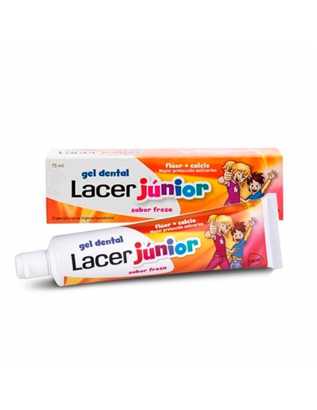 LACER JUNIOR GEL DENTAL 75 ML SABOR FRESA, MAYOR PROTECCION ANTICARIES FLUOR + CALCIO