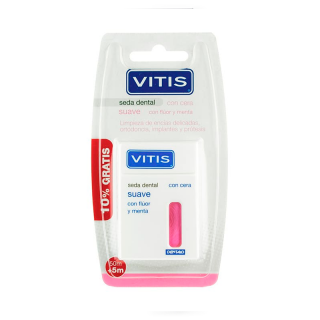 VITIS SEDA DENTAL SUAVE CON CERA, FLUOR Y MENTA 50M LIMPIEZA ENCIAS DELICADAS,ORTODONCIAS,PROTESIS