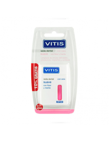 Vitis Seda Dental Suave Con Cera, Fluor Y Menta 50M Limpieza Encias Delicadas,Ortodoncias,Protesis