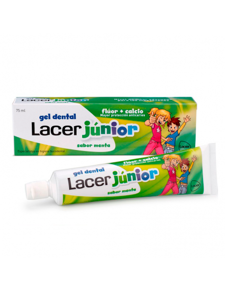 LACER JUNIOR GEL DENTAL 75 ML SABOR MENTA, MAYOR PROTECCION ANTICARIES FLUOR + CALCIO