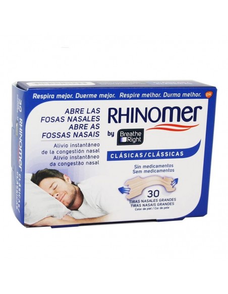 RHINOMER BREATHE RIGHT TIRAS NASALES CLASICAS 30 GRANDES PIEL NORMAL, RESPIRA MEJOR, DUERME MEJOR