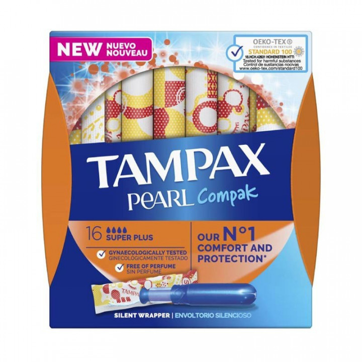 Tampones 100% Algodón Tampax Compak Pearl Súper Plus 16uds.﻿