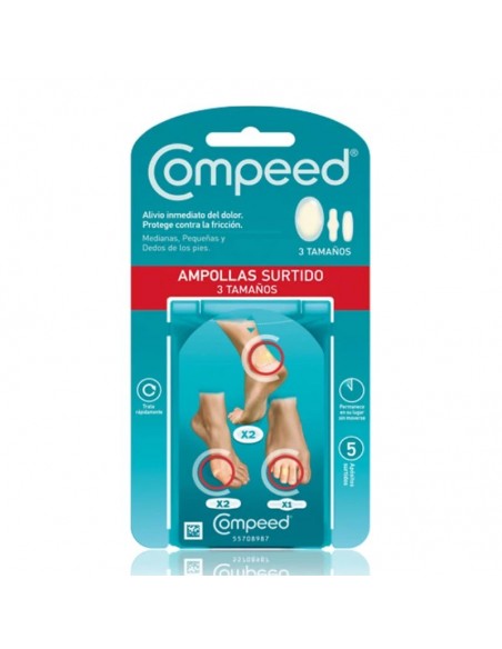 COMPEED AMPOLLAS HIDROCOLOIDE SURTIDO 5 UNIDADES 3 TAMAÑOS, ALIVIO INMEDIATO, PROTEGE FRICCION