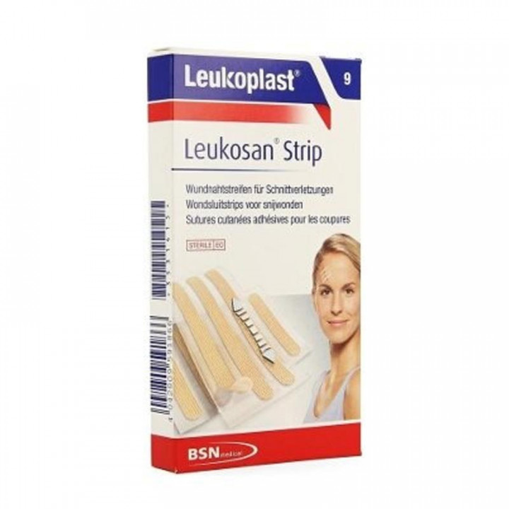 Leukoplast Strip Sutura Cutanea Esteril 9 Tiras 2 Tamaños.