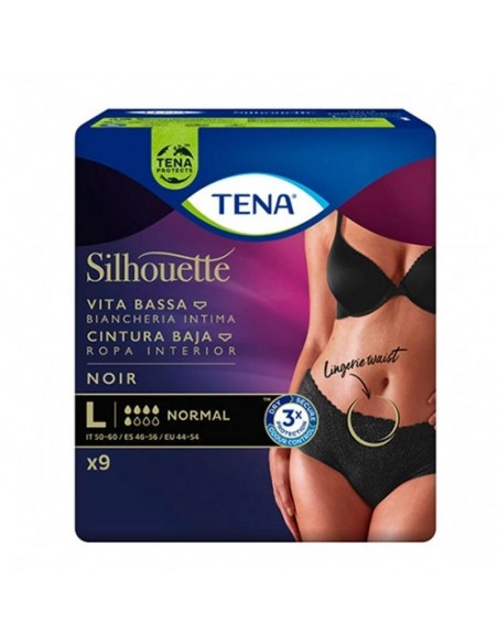TENA SILHOUETTE NEGRA CINTURA BAJA TAMAÑO GRANDE G TALLA 46-56 ABSORCION 500 ML 9 UNIDADES