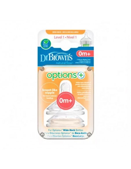 DR BROWN`S TETINA NIVEL1 BOCA ANCHA SILICONA RECIEN NACIDOS 0 MESES + 2 UDS. BPA FREE, DR BROWN`S