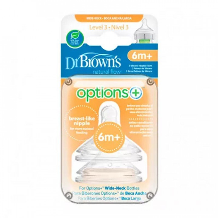 DR BROWN`S TETINA NIVEL 3 BOCA ANCHA TETINA DE SILICONA 6 MESES + 2 UNIDADES BPA FREE, DR BROWN`S