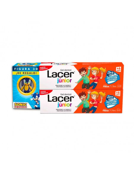 LACER JUNIOR GEL DENTAL DUPLO 2X75 ML SABOR FRESA, MAYOR PROTECCION ANTICARIES FLUOR + CALCIO