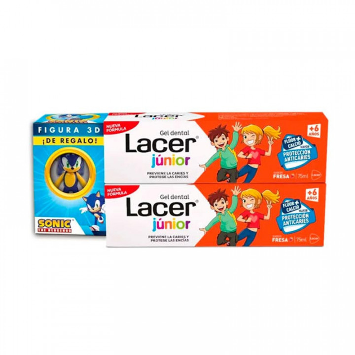 LACER JUNIOR GEL DENTAL DUPLO 2X75 ML SABOR FRESA, MAYOR PROTECCION ANTICARIES FLUOR + CALCIO